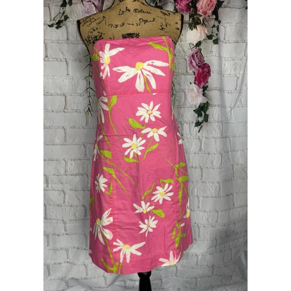 Lilly Pulitzer Strapless Pink Daisy Floral Cotton Dress Size 10 Resort Preppy - Picture 4 of 11